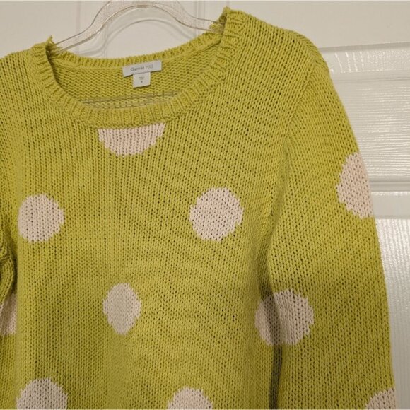 Garnet Hill Polka Dot Sweater Womens Size Small Chartreuse Yellow Knit Cotton - Picture 2 of 10